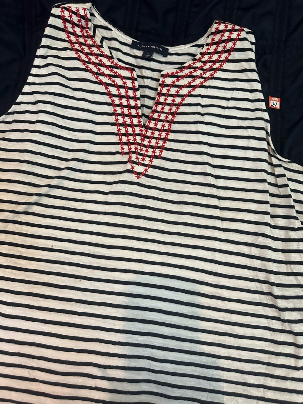 Tommy Hilfiger Striped White & Black Tank with Red Embroidered V-Neck